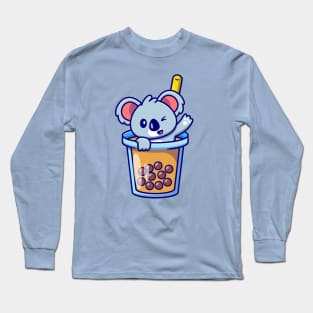 Cute Koala Waving In Boba Milk Tea Cup Long Sleeve T-Shirt